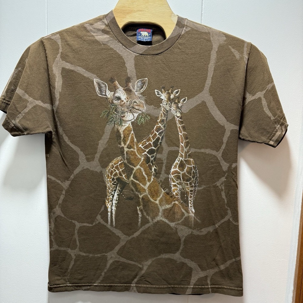 Vintage Giraffe Print T-shirt Size Large Brown Made In USA Brevard Zoo